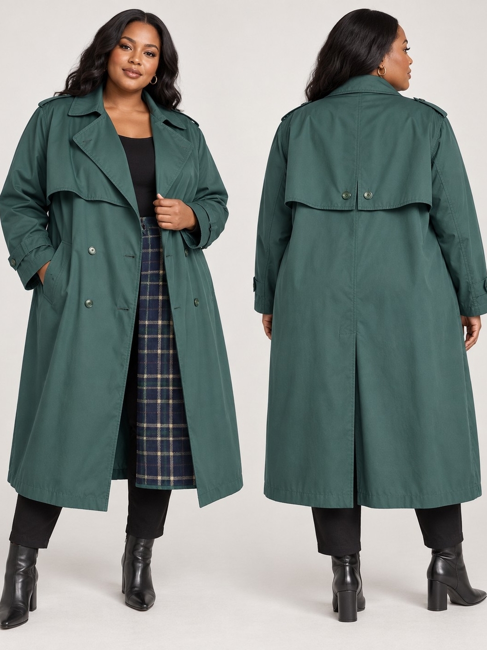 IMAGE Vintage 90s Green Trench Coat Size 22 Plus Plaid Wool Blend Lined